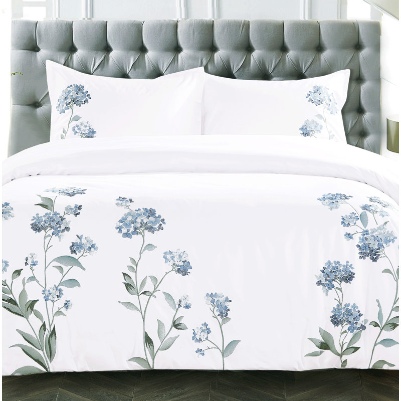 Gracie Oaks Macri Hydrangea Embroidered Cotton 3 Piece Duvet Cover Set